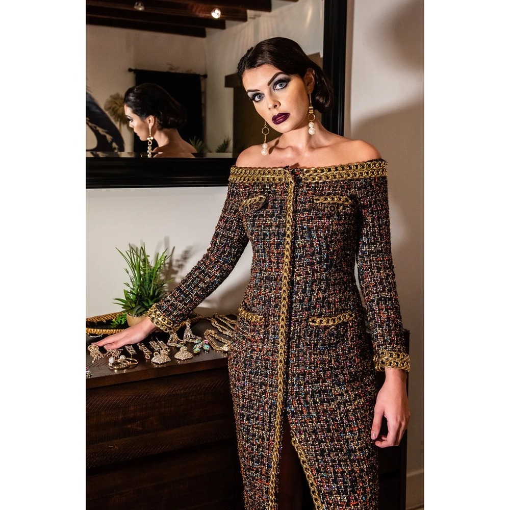 Off-Shoulder Tweed Midi Dress in Multicolor